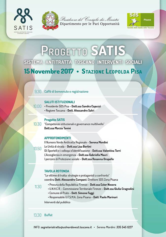 volantino con programma del convegno progetto SATIS (Sistema Antitratta Toscano Servizi Sociali)